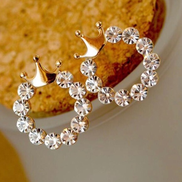 Jewelry - Gold Tones Crown Shape Rhinestone Crystal Earrings